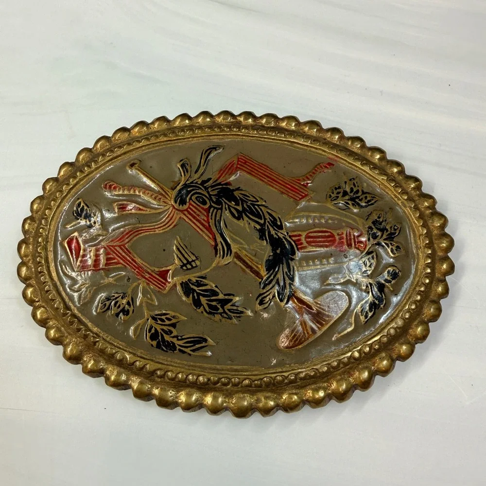 Vintage Brass Belt Buckle Hand Painted Musical Horn Floral Scallop Made in India